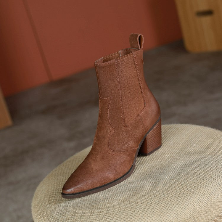 Bottines rétro pour femmes à bout pointu, avec bride élastique et talon épais