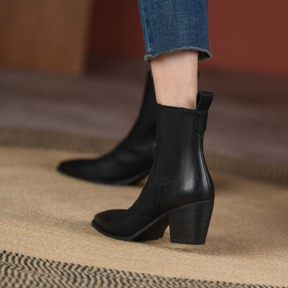 Bottines rétro pour femmes à bout pointu, avec bride élastique et talon épais