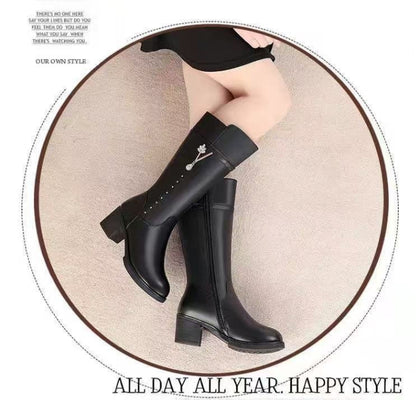 Bottes hautes pour femmes en cuir souple doublées polaire avec doublure en laine et fermeture éclair pour plus de chaleur