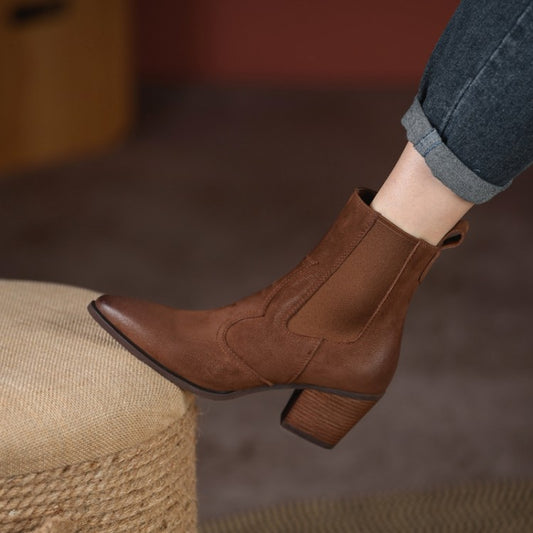 Womens Retro Pointed-toe Ankle Boots With Elastic Band And Chunky Heel